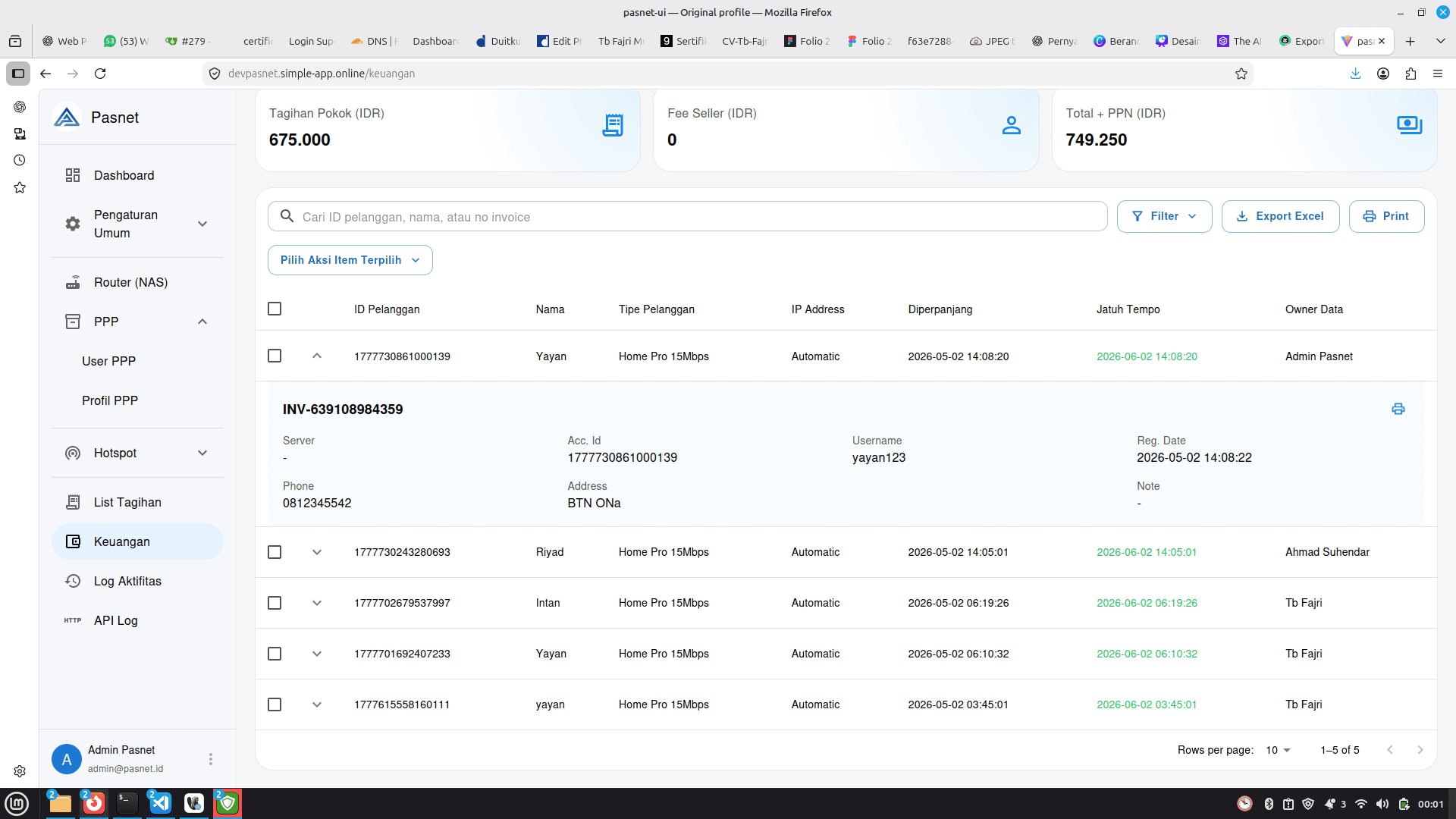 Dashboard Billing Pasnet