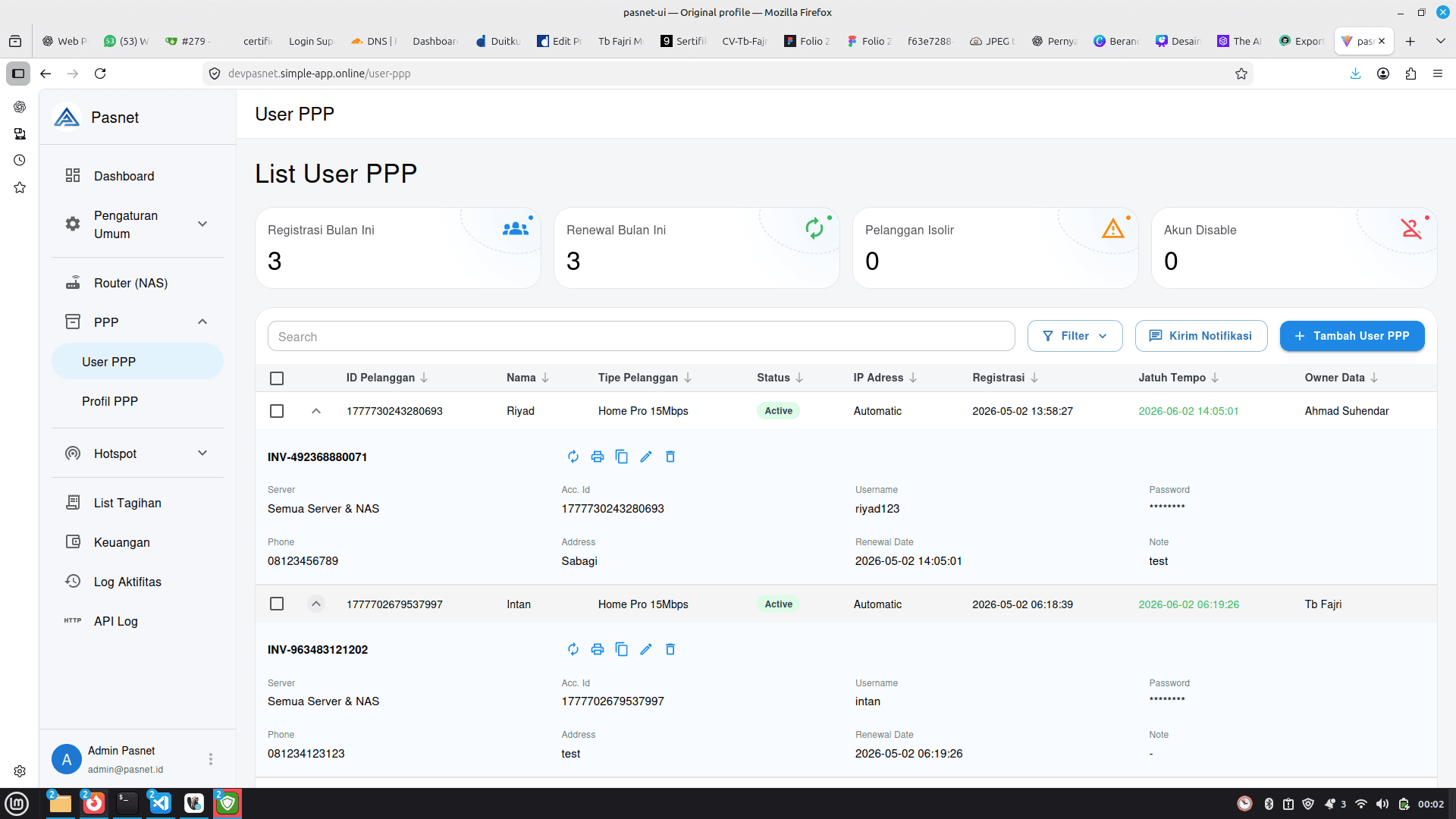 Halaman data pelanggan Billing Pasnet